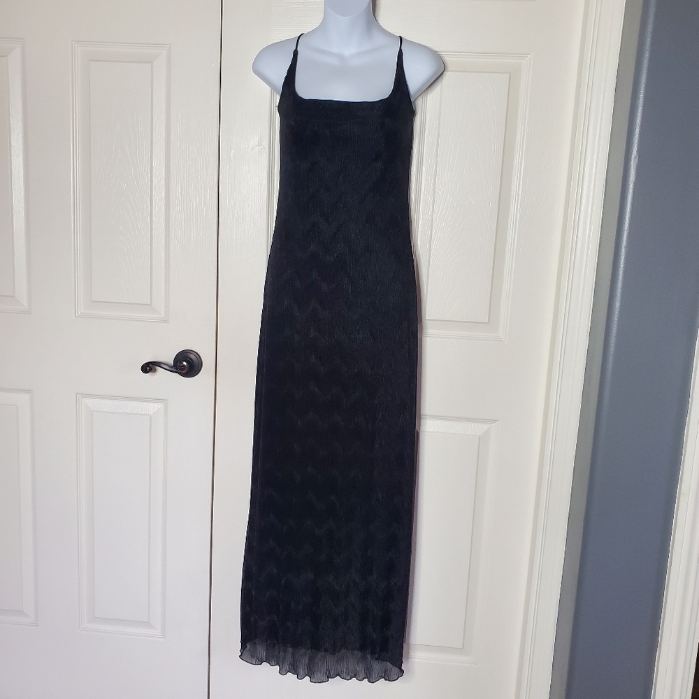 Rhapsody Black Strappy Maxi Slip Dress Stretchy Silky Texture Lace-up Back Large